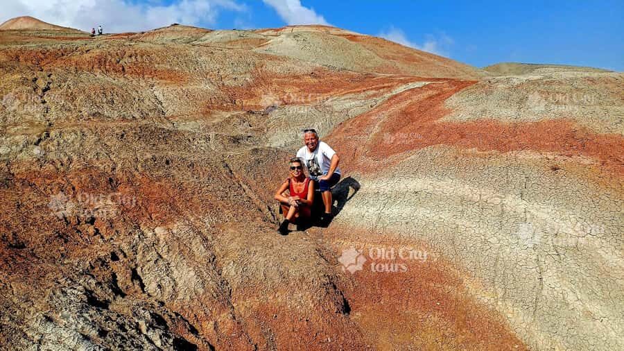 Baku: Candy Mountain, Pink Lake, Besh Barmag Dag and Mosque - Candy Cane Mountains: red-and-white striped hills