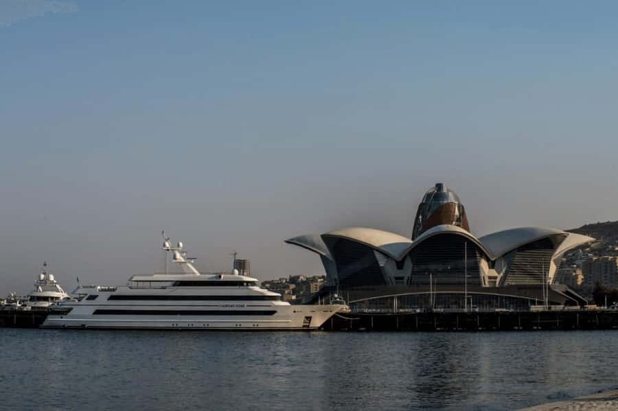 Baku: Caspian Sea Boat Tour with City Skyline Views - Crystal Hall from the open deck: where the night really pops